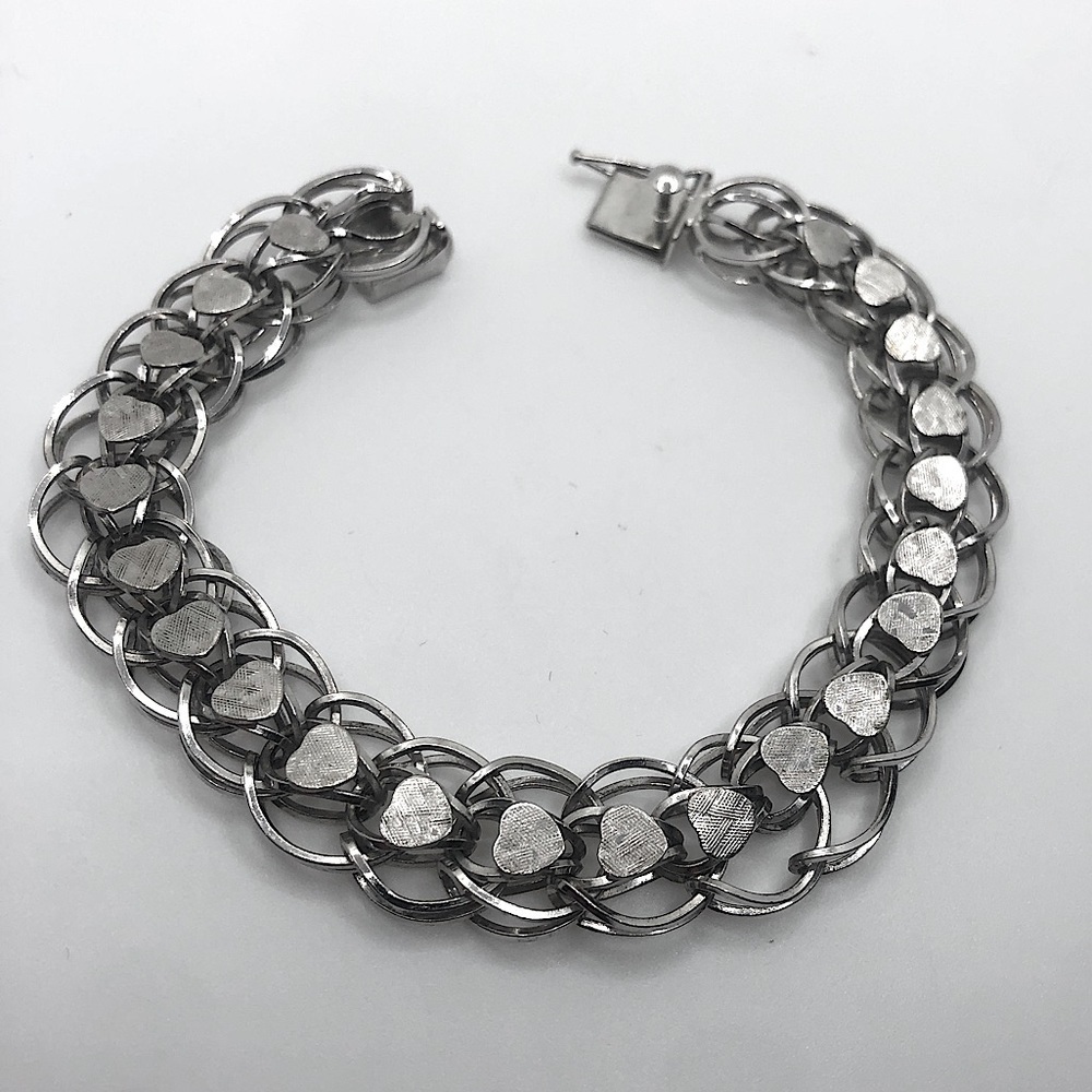 VTG Sterling Woven Link Heart Accent Charm Bracelet Slide Lock Clasp 7.5”